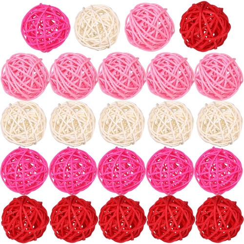 24 Pieces Wicker Balls Red White Pink Decorative Balls for Bowls Valentine's Day Vase Fillers Spheres Rattan Vase Filler Decorative Balls for Centerpiece Bowls Twig Orbs Spheres Bowl Fillers for Decor