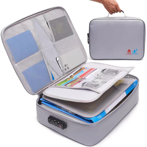 Fireproof Document Bag with Money Bag,File Organizer Bags,Home Office Travel Safe Bag with Lock,Multi-Layer Portable Filing Storage for Important File Passport Certificates Legal Documents (Gray)
