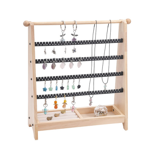 CHGCRAFT 5 Tier Wooden Jewelry Holder Large Jewelry Organizer Stand Display with Ring Holder Jewelry Dispaly Stand for Earrings Necklaces Bracelets Rings Storage, 300x100x325mm