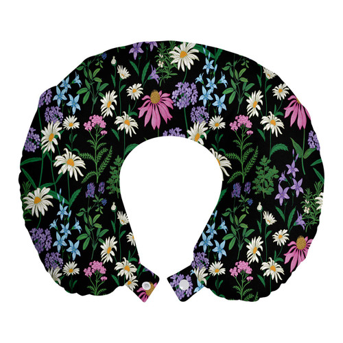 Ambesonne Aster Travel Pillow Neck Rest, Forest Wildflowers Daisy Blooms Herbs Lavender Botanical Garden Foliage, Memory Foam Traveling Accessory for Airplane and Car, 12", Charcoal Grey