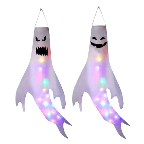 2Pcs Halloween Decorations Ghost Windsocks Hallowmas Wind Sock 51.18x22.44 inch Inflatables Ghost Windsocks with LED Light Portable Glowing Hanging Flags for Outdoor Indoor Party Haunted House