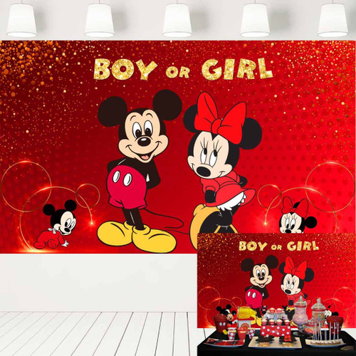 Baby Mickey Minnie Gender Reveal Backdrop Red Mickey Mouse Birthday Party Supplies Boy or Girl Baby Shower Decorations Banner for Cake Table 5x3 ft 405