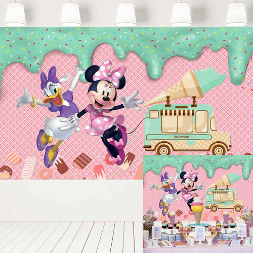 Ice Cream Backdrop Minnie Mouse and Daisy Duck Theme Mint Pink Background for 3rd 4th Birthday Baby Shower Decorations Girls Cake Table Banner 5x3 ft 441