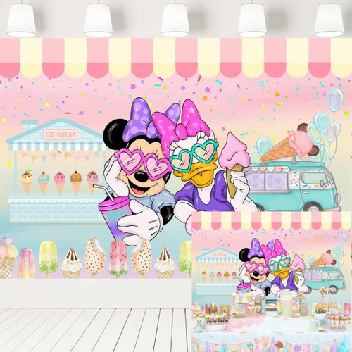 Minnie and Daisy Ice Cream Backdrop Pastel Summer Sweet Theme Background for Birthday Party Baby Shower Banner Cake Table Decorations 7x5 ft 446