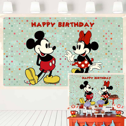 Vintage Red Mickey and Minnie Backdrop Retro Mint Blue Background with Colorful Polka Dots Classic Mickey Mouse Birthday Party Decorations Banner for Cake Table 5x3 ft 447