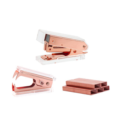 Mini Stapler and Staple Remover Set Acrylic Rose Gold Metallic Manual Stapler with Staples and Cute Staples Remover Kit for Home School Office Stationery(Rose Gold Stapler and Staple Remover)