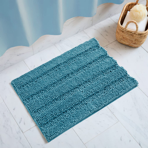 NICETOWN Bathroom Rug for Front Door, Slip-Resistant Absorbent Soft and Fluffy Thick Striped Bath Mat Non-Slip Microfiber Dry Fast Bath Mat for Kids Pets Baby Nursery (Teal Blue, 32" x 20")