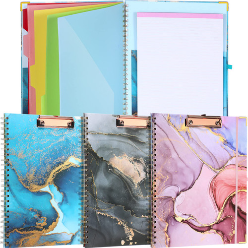 3 Pack Clipboard Folio Cute Clipboard Folder with Refillable Lined Notepad 5 Interior Storage Dividers with 10 Pockets and File Folder Labels Clipboard with Notepad for School Office (Marble Style)