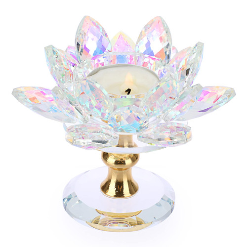 OwnMy Crystal Lotus Flower Tea Light Candle Holder Lotus Petals Votive Candle Stand with Glass Base, Glass Rainbow Lotus Tealight Candlestick Holder Candle Lamp for Table Centerpiece Wedding Decor