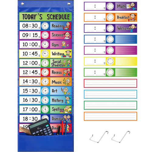 Daily Schedule Pocket Chart School Class Schedule Pocket Chart Kit 13+1 Pocket Chart, 2 Hook, Title Card, 30 Double-Sided Blank Erasable Card Colored Schedule Card for Classroom School or Home (Blue)