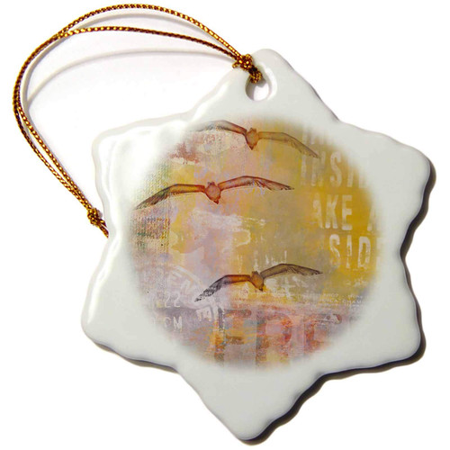 3dRose Seagull Illustration with Typography Word Free in Yellow and Grey - Ornaments (orn-268262-1)