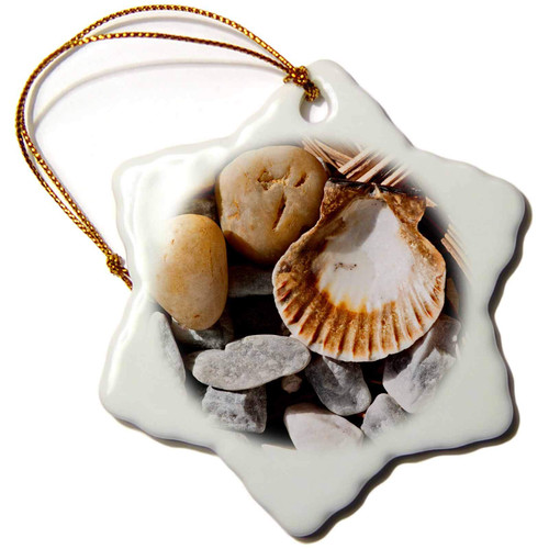 3dRose Grey and Brown Pebbles and a sea Shell on a Wicker Plate - Ornaments (orn-273238-1)