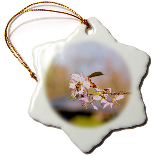 3dRose A bee Insect on a Sakura Flower. Smooth Yellow and Grey Background - Ornaments (orn-287095-1)