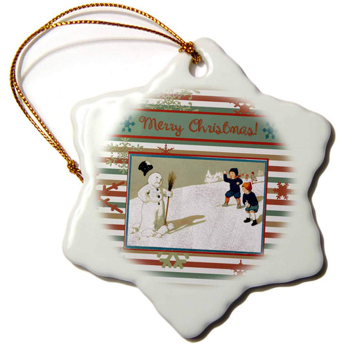 3dRose Children Throwing Snowballs at Snowman, Hat in Air, Merry... - Ornaments (orn-302964-1)