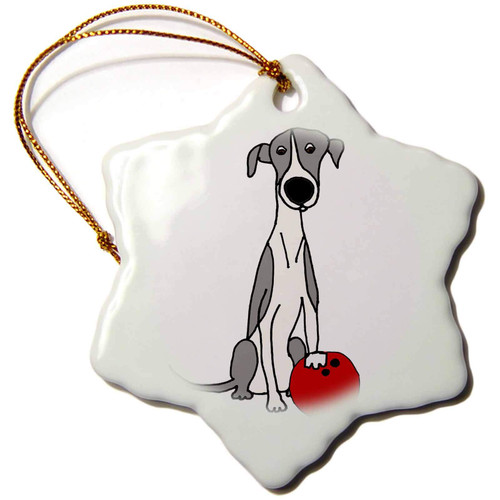 3dRose Funny Cute Grey and White Greyhound Racing Dog Bowling Cartoon - Ornaments (orn-326031-1)