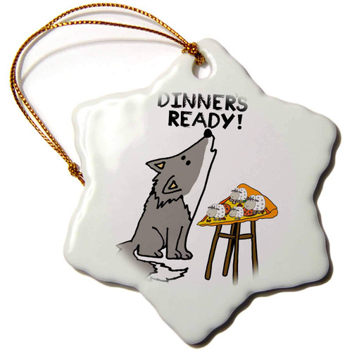 3dRose Funny Cute Grey Wolf Eating Sheep Pizza Cartoon - Ornaments (orn-338667-1)