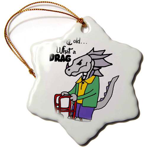 3dRose Funny Cute Old Grey Dragon Getting Old What a Drag Pun Cartoon - Ornaments (orn-338956-1)