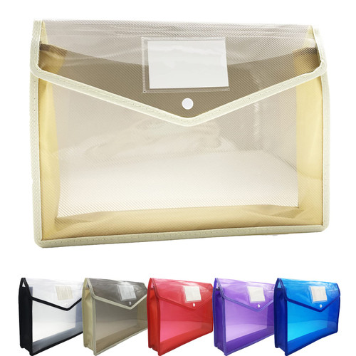 FITULABO Plastic File Folders, Waterproof Clear Expandable Envelopes Wallet Organizer Documents Folder with Button Closure & Label Pocket, A4 Size Transparent File Pouch for School Office Home (Khaki)