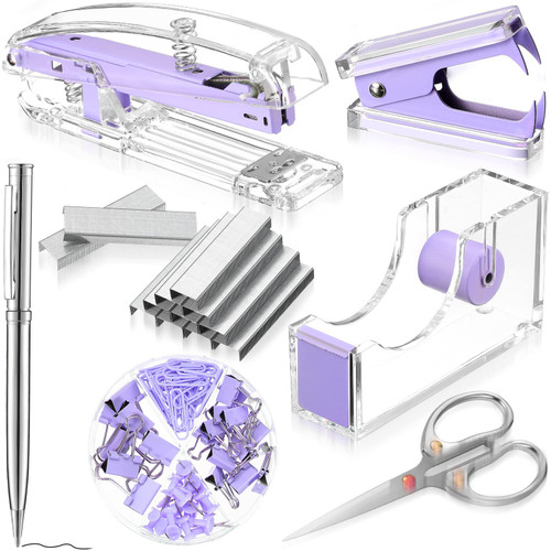 Office Supplies Set Desk Accessory Kit, Acrylic Stapler Set Staple Remover, Tape Dispenser, Binder Clips, Paper Clips, Ballpoint Pen and Scissor with 1000 Pieces 26/6 Staples (Purple)