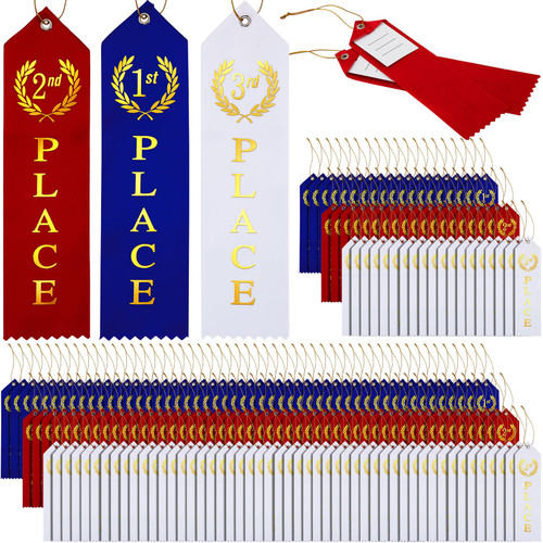 180 Pieces Award Ribbons 1st, 2nd, 3rd Place Flat Carded Set First Place Prizes with Event Card and Rope for Competition, Sports Event, School, Contests, Blue Red White