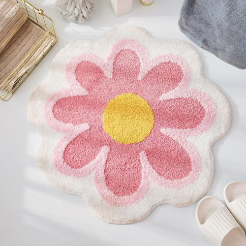 Flower Shaped Bath Rugs,Bathroom Non-Slip Water Absorption Foot Mat,Bathroom Carpet Absorbent Floor Mat Door Mat,Machine Washable Bath Rug,Home Indoor Entry Mat,23.6 x 23.6inch (Pink)