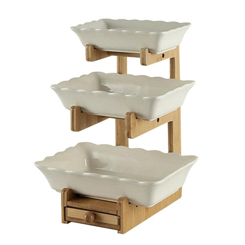 GENDLTHIJ 3 Tier Ceramic Fruit Bowls for Kitchen Fruit Basket for Kitchen Counter, Ceramic Fruit Serving Tray with Bamboo Stand, for Fruit Vegetable Snack Dessert (Three Tier White with Drawer)