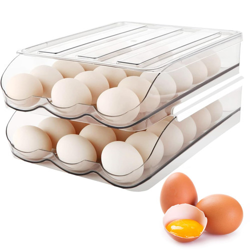 Egg Holder for Refrigerator, Automatically Rolling Egg Storage Container for Refrigerator,Large Capacity Egg Organizer for Fridge with Lid,Clear Plastic Egg Dispenser,Egg Tray & Bin -2 Layer Egg Holder for Refrigerator, Automatically Rolling Egg Storage Container for Refrigerator,Large Capacity Egg Organizer for Fridge with Lid,Clear Plastic Egg Dispenser,Egg Tray & Bin -2 Layer