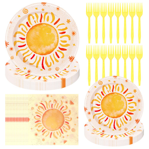 PHOGARY Sun Party Tableware Set for 16 Guests, First Trip Around The Sun Birthday Decorations Includes 9" and 7" Plates Napkins Forks Sunshine Party Supplies Boho Baby Shower Groovy Party Supplies