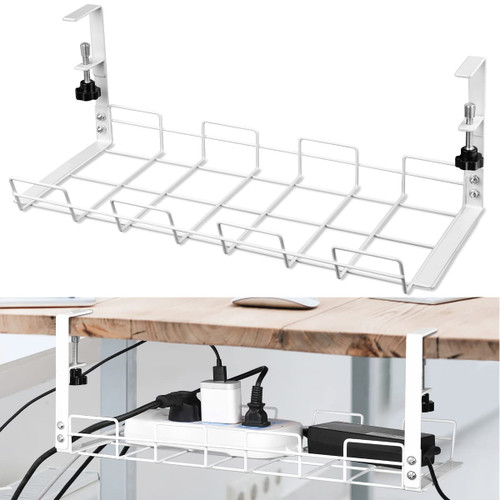No Drill Under Desk Cable Management Tray, Cable Management Clamp to Desk Cable Rack Under Desk Cord Organizer, Alloy Steel Cable Tray Basket for Office and Home Standing Desk