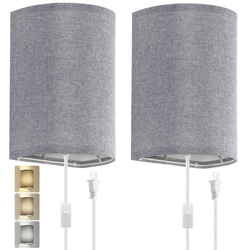Wall Sconces Set of Two, Fabric Shades Plug in Wall Sconces, 3 Color Temperature Switching Modern Wall Light Fixtures, Wall Lamp with Plug in Cord, On/Off Switch Wall Lights for Bedroom Porch (Grey)