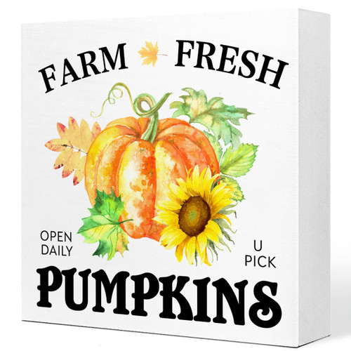 Fall Table Decor,Farm Fresh Pumpkins Watercolor Fall Pumpkin Autumn Harvest Seasonal Wood Block Sign Desk Decor,Rustic Fall Thanksgiving Wooden Box Sign for Farmhouse Home Shelf Table Decoration Q695