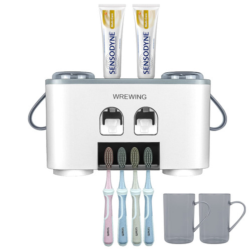 Wekity Toothbrush Holder, Toothbrush Holder Wall Mounted for Bathroom, Multifunctional Toothbrush and Toothpaste Holder with 4 Toothbrush Slots, 2 Toothpaste Dispenser, and 4 Cups with Handle(Grey) Wekity Toothbrush Holder, Toothbrush Holder Wall Mounted for Bathroom, Multifunctional Toothbrush and Toothpaste Holder with 4 Toothbrush Slots, 2 Toothpaste Dispenser, and 4 Cups with Handle(Grey)