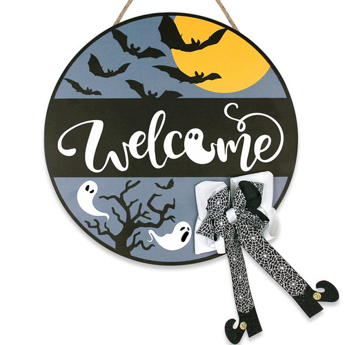 Halloween Decorations Hanging Sign for Front Door Witch Theme Halloween Decor Wreath Porch Door Hanger with Bow Wooden Door Sign Indoor Outdoor for Halloween Party Home Table