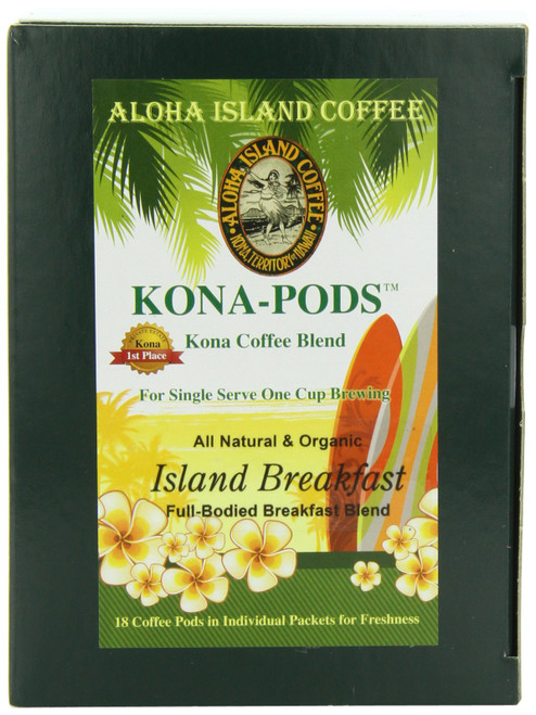 Aloha Island Coffee KONA-POD, Island Breakfast Med Light Roast, Kona & Hawaiian Coffee Blend,18-Count Coffee Pods