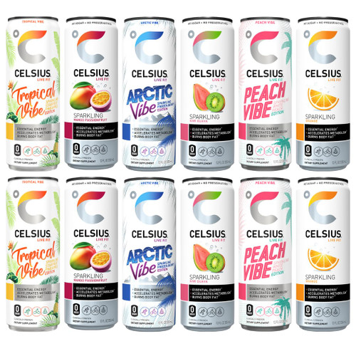 Celsius Sparkling Energy Drink - No Sugar or Preservatives | 12 fl oz, Slim Cans - Assorted Variety Pack (12-Pack) in Veher Combo Box
