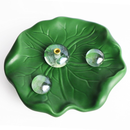 Chilvane Incense Holder for Sticks 100% Handmade Ceramic Green Lotus Leaf Tray Crystal Clear Dewdrop,Incense Stick Holder Incense Burner for Meditation Home Decor