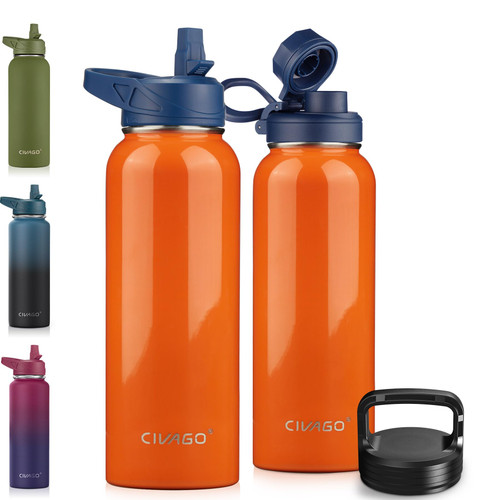 CIVAGO 40 oz Insulated Water Bottle With Straw, Stainless Steel Sports Water Cup Flask with 3 Lids (Straw, Spout and Handle Lid), Double Walled Travel Thermal Canteen Mug, Orange