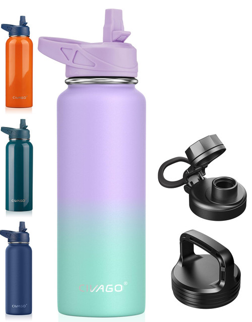 CIVAGO 40 oz Insulated Water Bottle With Straw, Stainless Steel Sports Water Flask Cup with 3 Lids (Straw, Portable Spout and Handle Lid), Double Walled Travel Thermal Canteen Mug, Cotton Candy