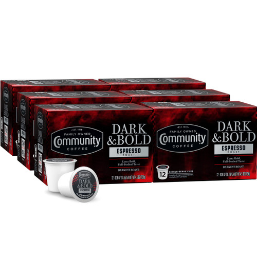 Community Coffee Dark & Bold Espresso Roast Coffee Pods, 72 count, Extra Dark Roast Compatible with Keurig 2.0 K-Cup Brewers, 12 Count (Pack of 6)