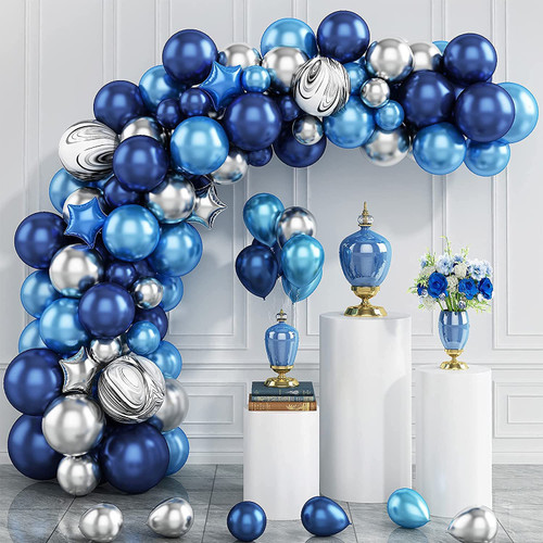 FEYG Blue Balloon Garland Arch Kit, Navy Blue Balloon Arch Kit Balloon Garland Kit with Silver Grey Latex Balloons Agate Balloons for Birthday Graduation Wedding Baby Shower Decoration Party Supplies