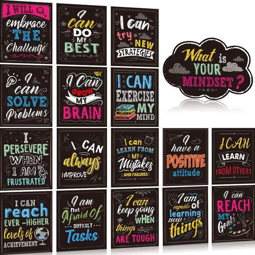 Growth Mindset Posters Set, Confetti Classroom Bulletin Board Decorations Positive Mindfulness Classroom Posters for Elementary Middle School Wall Displays(Stylish Style)