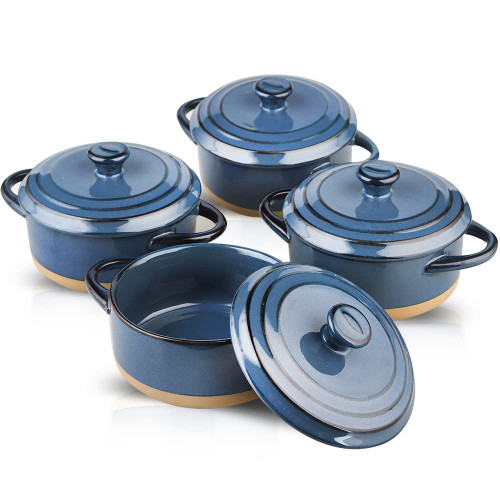 HVH 12 oz Ramekins with Lids, Mini Casserole Dish with Lid Oven Safe, Small Casserole Dish Set, Oven Safe Bowls, Mini Dutch Oven Set of 4, Souffle Dish, Mini Baking Dishes for Oven with Lids, Farmhouse Style (Blue)
