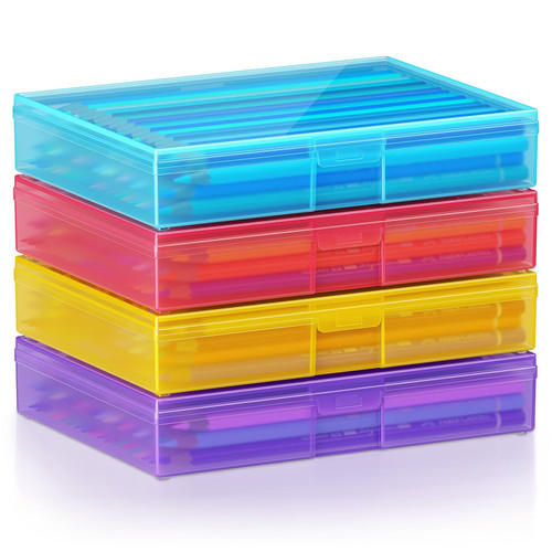 iBune 4 Pack Pencil Box Plastic Pencil Boxes, Hard Pencil Case Stackable Crayon Box with Snap-tight Lid, Pencil Organizer Box for Office Supply, Colorful