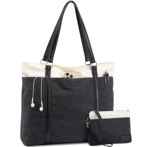 JFFD Laptop Shoulder Work Tote Bag for Women,Lightweight Casual Computer Bag Teacher Bag Canvas 15.6 Inch Handbag Purse