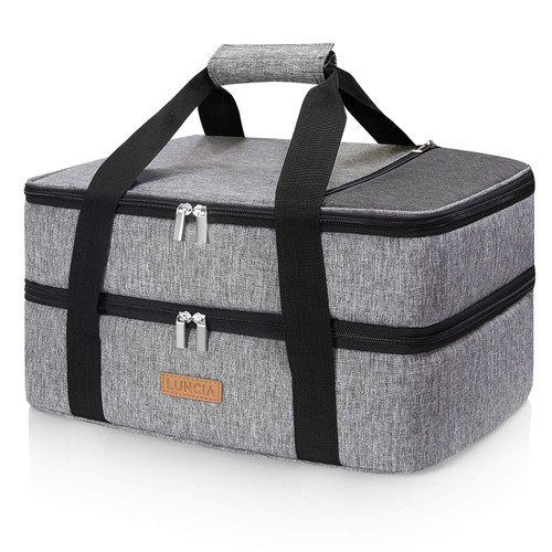 LUNCIA Double Decker Insulated Casserole Carrier for Hot or Cold Food, Lasagna Holder Tote for Potluck Parties/Picnic/Cookouts, Fits 9"x13" Baking Dish, Grey