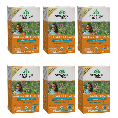 Organic India Tulsi Tea - Holy Basil, Immune Breathe Organic Tea, Caffeine Free, Vegan, Gluten Free, Non GMO Herbal Supplement With Clearing Pushkarmool - Cooling Cardamom, (Pack of 6)