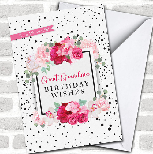 Great Grandma Pink Roses Black Dots Any Text Personalized Birthday Card