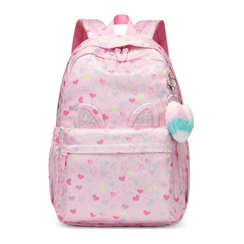 Reqinqin Kids Backpack Girls And Boys Pink Waterproof Large Space School Backpack Suitable for Age for Over 6 Years old Lightweight Travel Cat Ear Heart Keychain Toddler Backpack?Pink Heart?