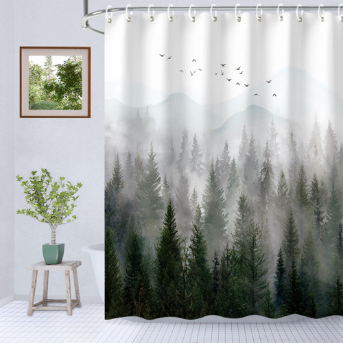 RosieLily Mountain Shower Curtain Misty Forest Tree Foggy Shower Curtain for Bathroom with Hooks Cool Nature Scenery Landscape Bathtub Decor 60 inch Design Art Shower Curtain Waterproof Fabric