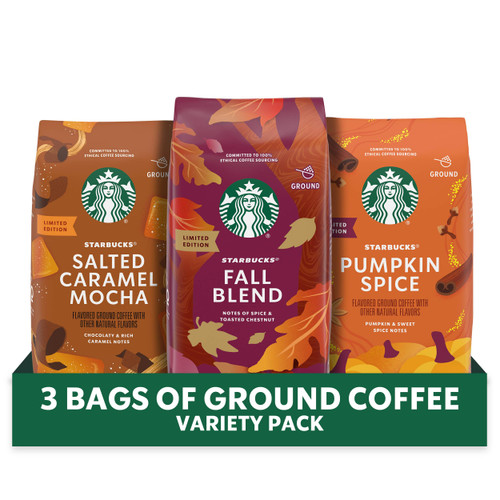 Starbucks Ground Coffee Fall Bundle, Medium Roast and Naturally Flavored Coffee, 100% Arabica, Limited Edition, 3 Bags (32 Oz Total) Starbucks Ground Coffee Fall Bundle, Medium Roast and Naturally Flavored Coffee, 100% Arabica, Limited Edition, 3 Bags (32 Oz Total)